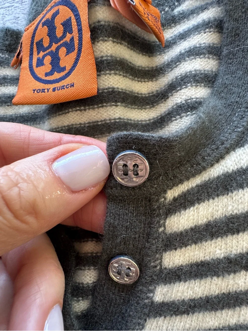Tory Burch 100% Cashmere Grey & Cream Striped Cardigan Sweater - S